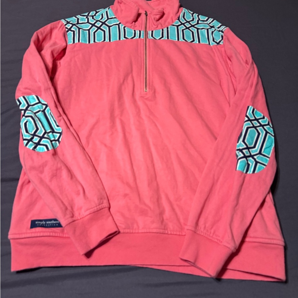 Simply Southern Coral Sweatshirt with Geometric Pattern